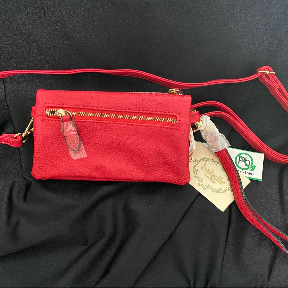 Read vegan leather small shoulder and wrist purse.